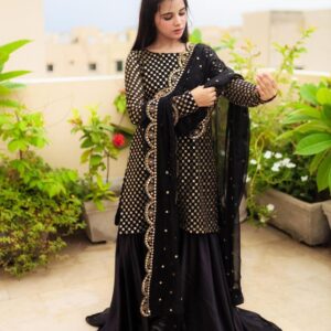 Stunning Black Chiffon Sequins Embroidered Gharara Shirt Set – 3 Pcs
