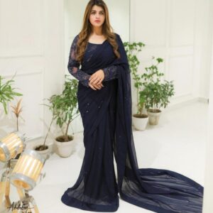 3 Pcs Women’s Chiffon Hand Embroidered Stitched Saree