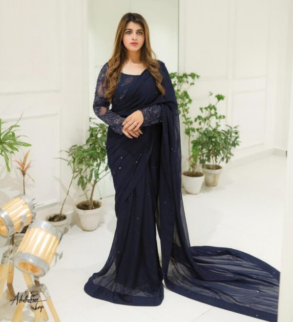 3 Pcs Women’s Chiffon Hand Embroidered Stitched Saree