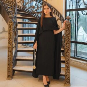Stunning Black Shamoz Silk Maxi Dress with Cap Shawl – 2 Pcs