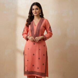 Charming Peach Linen Embroidered 3 Pcs Women’s Stitched Suit with V-Neck and Printed Dupatta