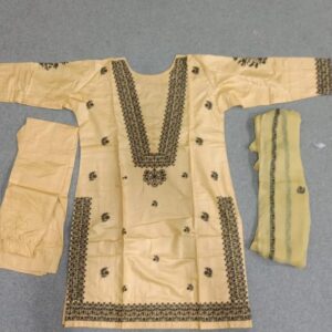 Chic Yellow Embroidered Linen Suit – 3 Pcs Set for Women