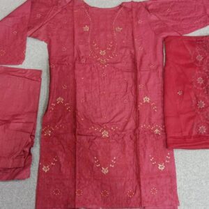 Chic V-Neck Embroidered 3 Pcs Women’s Stitched Suit in Red Linen