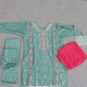 Elegant Green Linen Stitched Suit – 3 Pcs Ensemble with Embroidered Shirt, Plain Trouser & Chiffon Dupatta