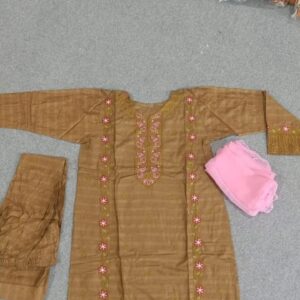 Brown Embroidered Linen Suit with Chiffon Dupatta – 3 Pcs