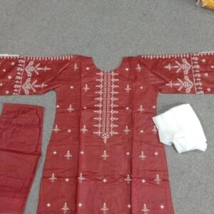 Stunning Maroon Embroidered Linen Suit – 3 Pcs Women’s Stitched Outfit