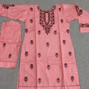Chic Pink Embroidered Suit for Women – 3 Pcs Set in Linen with Dupatta
