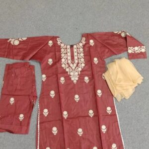Embroidered Linen Women’s Suit – 3 Pcs in Maroon