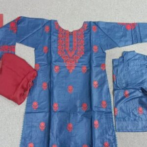 Exquisite Women’s Stitched Suit – Embroidered Linen Ensemble with 3 Pcs in Blue