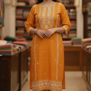 Embroidered Linen Suit Set – 3 Pcs in Elegant Orange