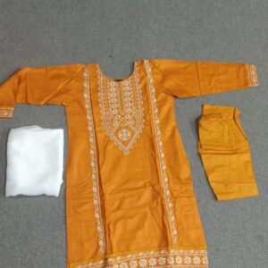Embroidered Linen Suit Set – 3 Pcs in Orange