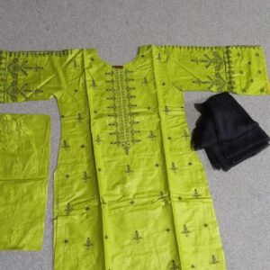 Elegant Green Linen Embroidered Suit – 3 Pcs