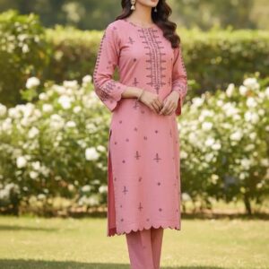 Stylish Pink Linen Embroidered Suit – 3 Pcs Set