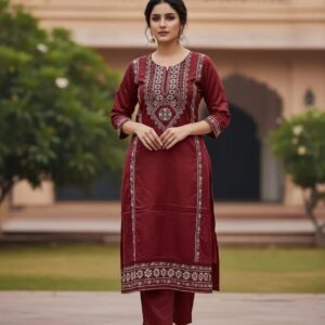 Elegant Maroon Embroidered Linen Suit – 3 Pcs Set for Women