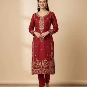 Chic Embroidered Linen Suit Set – 3 Pcs in Maroon