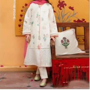 3 Pcs Girl’s Dhanak Embroidered Shirt And Trouser Suit