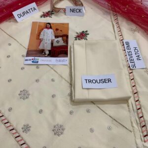 3 Pcs Girl’s Dhanak Embroidered Shirt And Trouser Suit