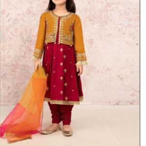 3 Pcs Girl’s Dhanak Embroidered Shirt And Trouser Suit