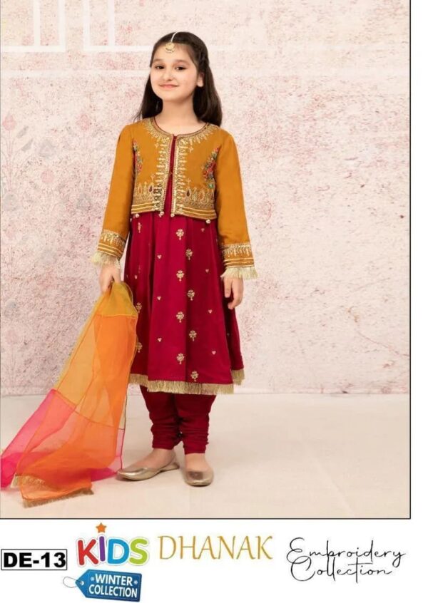 3 Pcs Girl's Dhanak Embroidered Shirt And Trouser Suit