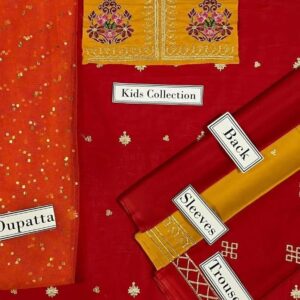 3 Pcs Girl’s Dhanak Embroidered Shirt And Trouser Suit