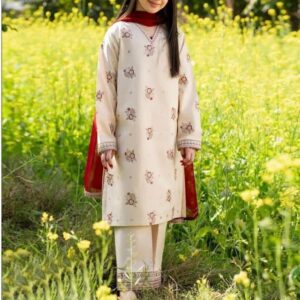 3 Pcs Girl’s Dhanak Embroidered Shirt And Trouser Suit