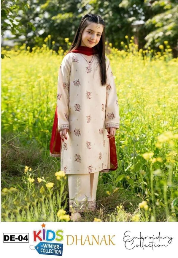 3 Pcs Girl's Dhanak Embroidered Shirt And Trouser Suit