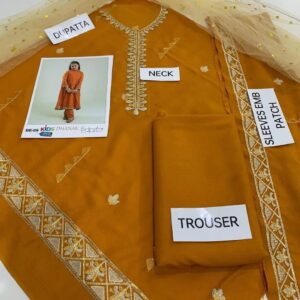 3 Pcs Girl’s Dhanak Embroidered Shirt And Trouser Suit