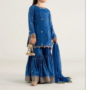 3 Pcs Girl’s Dhanak Embroidered Shirt And Trouser Suit