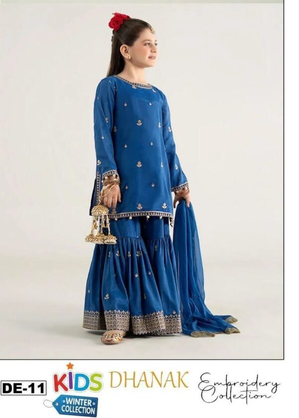 3 Pcs Girl's Dhanak Embroidered Shirt And Trouser Suit