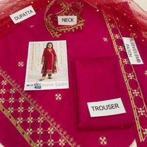 3 Pcs Girl’s Dhanak Embroidered Shirt And Trouser Suit