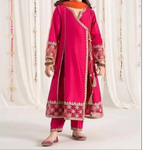 3 Pcs Girl’s Dhanak Embroidered Shirt And Trouser Suit
