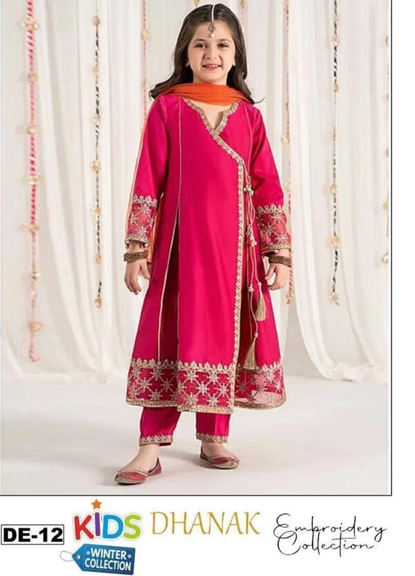 3 Pcs Girl's Dhanak Embroidered Shirt And Trouser Suit