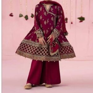 3 Pcs Girl’s Dhanak Embroidered Shirt And Trouser Suit