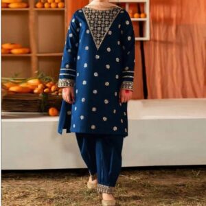 3 Pcs Girl’s Dhanak Embroidered Shirt And Trouser Suit