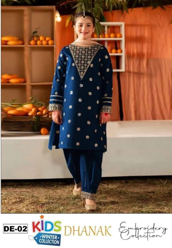 3 Pcs Girl's Dhanak Embroidered Shirt And Trouser Suit