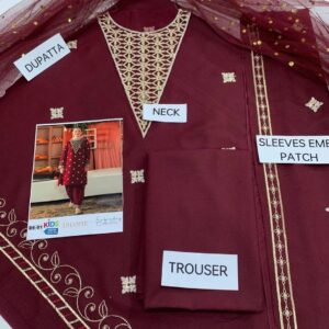 3 Pcs Girl’s Dhanak Embroidered Shirt And Trouser Suit