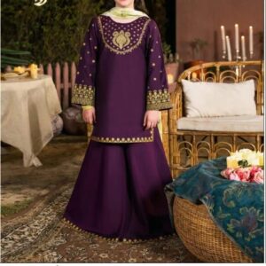 3 Pcs Girl’s Dhanak Embroidered Shirt And Trouser Suit