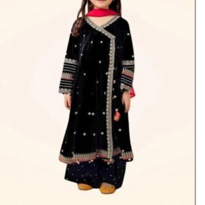 3 Pcs Girl’s Dhanak Embroidered Shirt And Trouser Suit