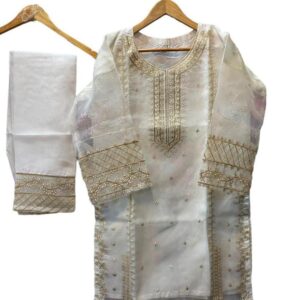 Stunning Embroidered Organza Suit Set – 3 Pcs – White