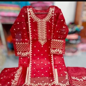 Exquisite Red Organza Embroidered Suit – 3 Pcs Ensemble