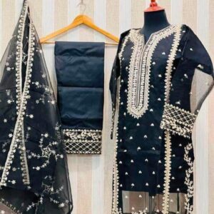 Embroidered Organza Suit Set – 3 Pcs in Black