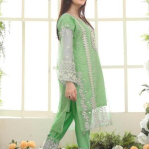 Elegant Green Organza Embroidered Suit Set – 3 Pcs