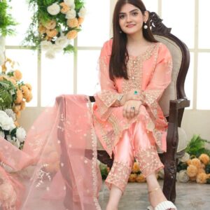 Embroidered Organza Suit Set for Women – 3 Pcs – Stunning Pink Design