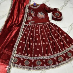 Stunning Embroidered Silk Lehenga Choli Set – 4 Pcs in Red