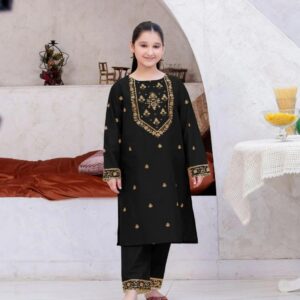 2 Pcs Girl’s Linen Embroidered Kurta And Trouser