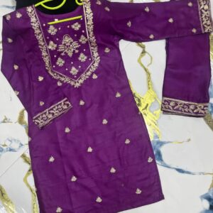 2 Pcs Girl’s Linen Embroidered Kurta And Trouser