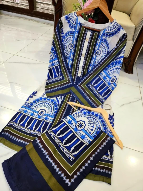 Stylish Women's Stitched Shirt And Trouser Set - 2 Pcs Multicolor Digital Print in Swiss Lawn