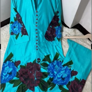 2 Pcs Women’s Stitched Linen Digital Print Shirt And Trouser