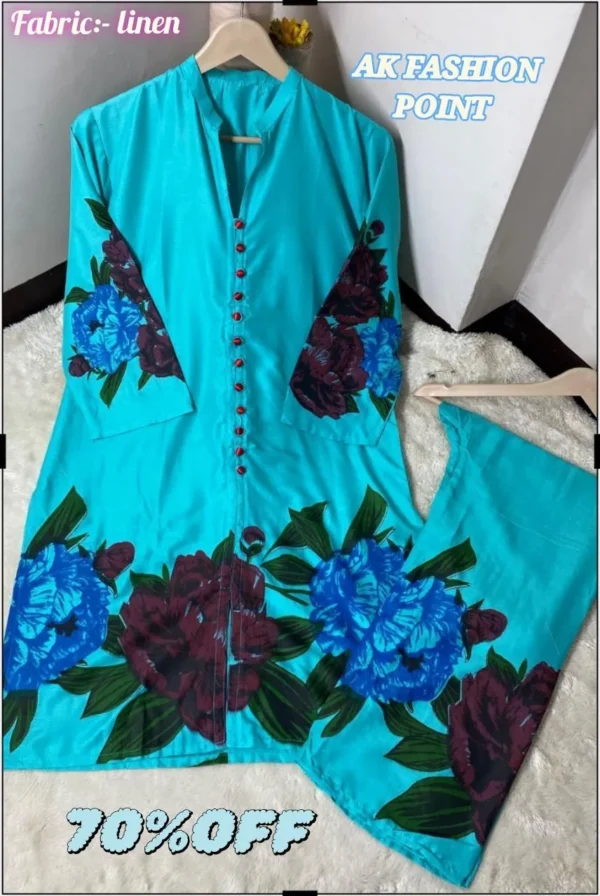 2 Pcs Women's Stitched Linen Digital Print Shirt And Trouser