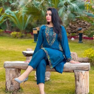 2 Pcs Women’s Stitched Linen Sequins Embroidered Shirt And Trouser